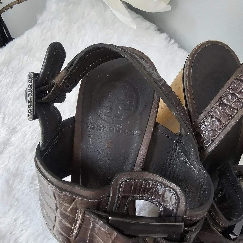 TORY BURCH Kayla Croc Leather Platform Sandals Heels